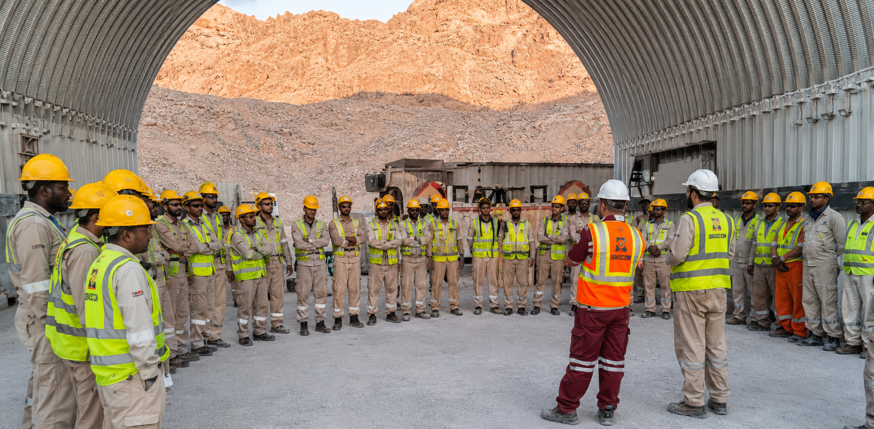 Rawasi HSE briefing with site team in PPE at remote facility