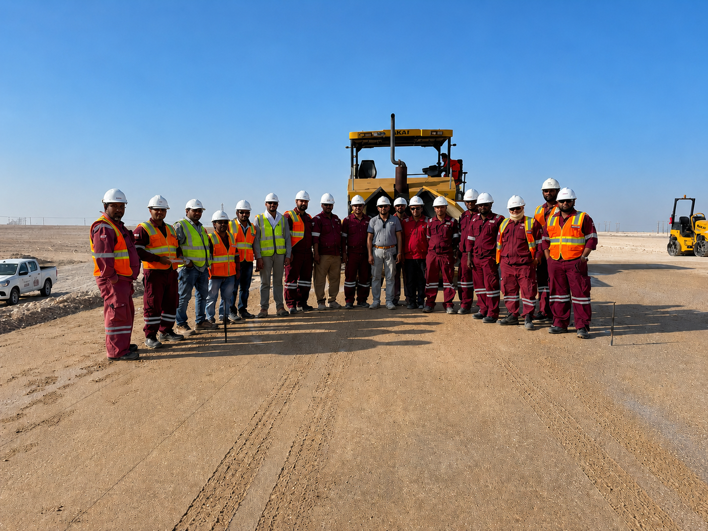 Rawasi site crew assembled in PPE in front of paving plant