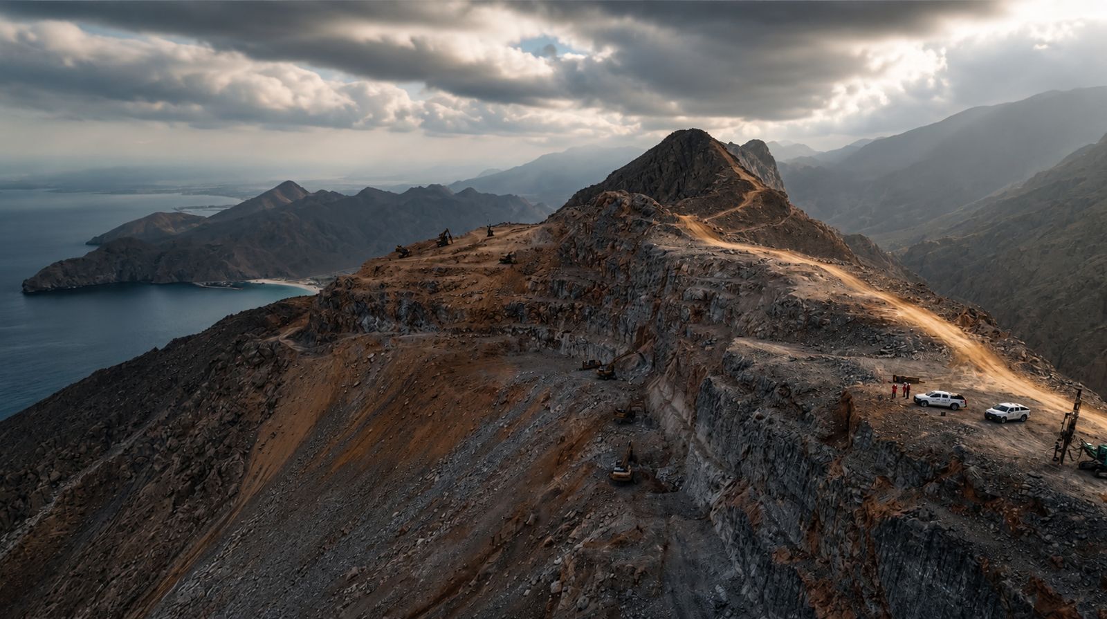 Rawasi Road Services — Musandam ridge alignment carved through dramatic mountain terrain above the sea, with plant and crew working on the corridor at golden hour