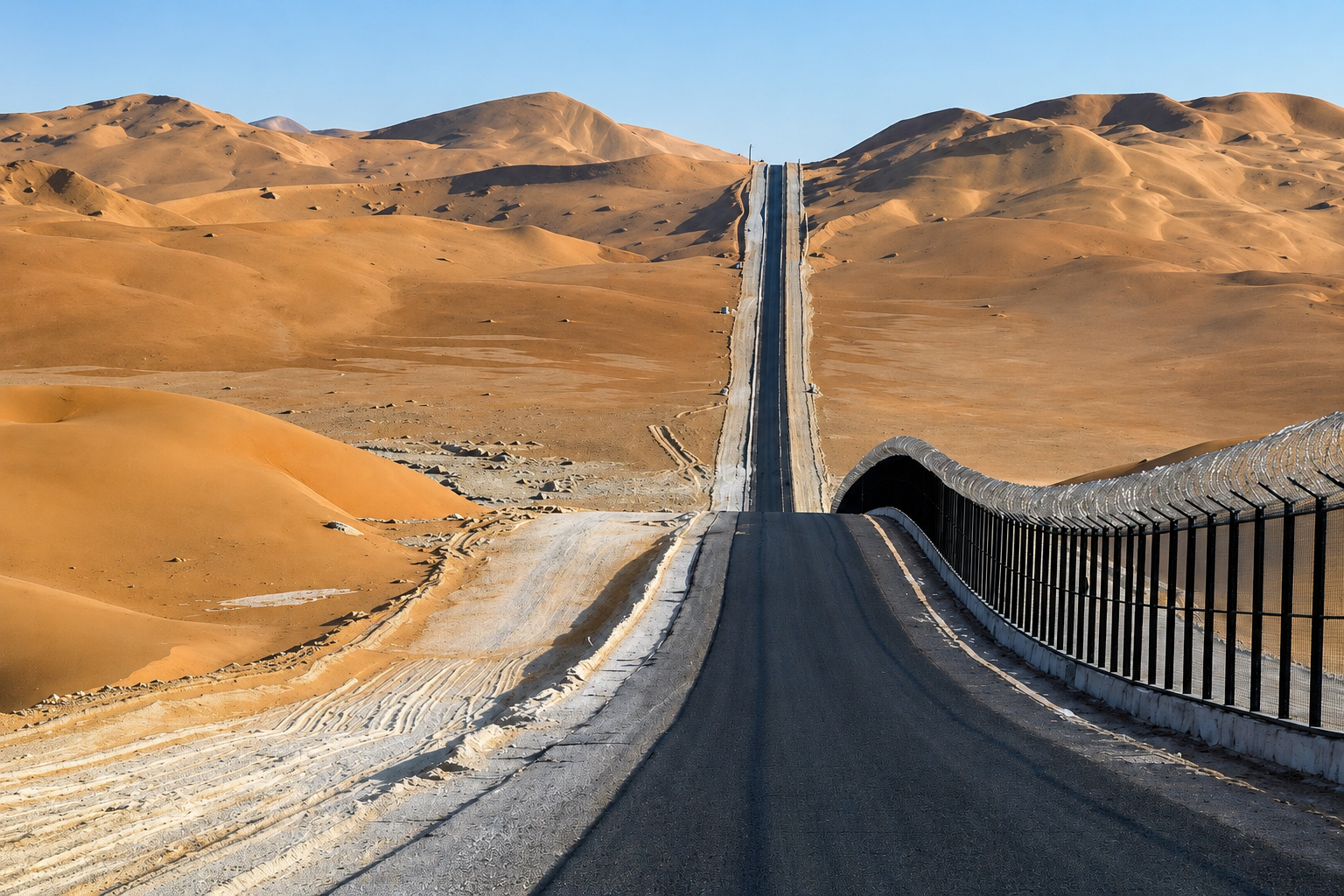 Harweeb–Mitan border road — empty asphalt road running straight through Empty Quarter desert dunes with fence line, southern Oman frontier